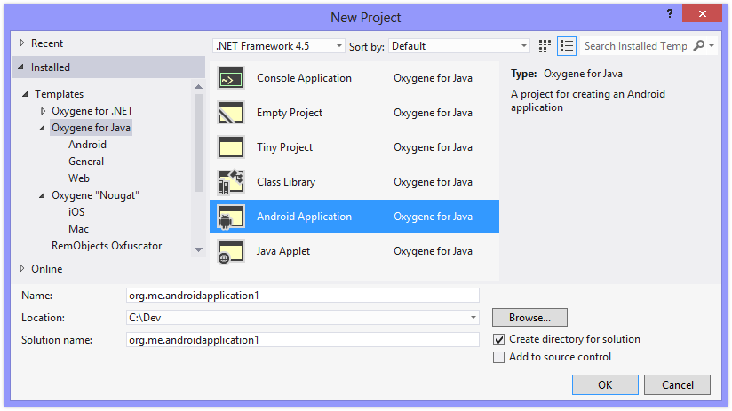 Visual Studio 2022 - Oxygene for Java - Android - New project